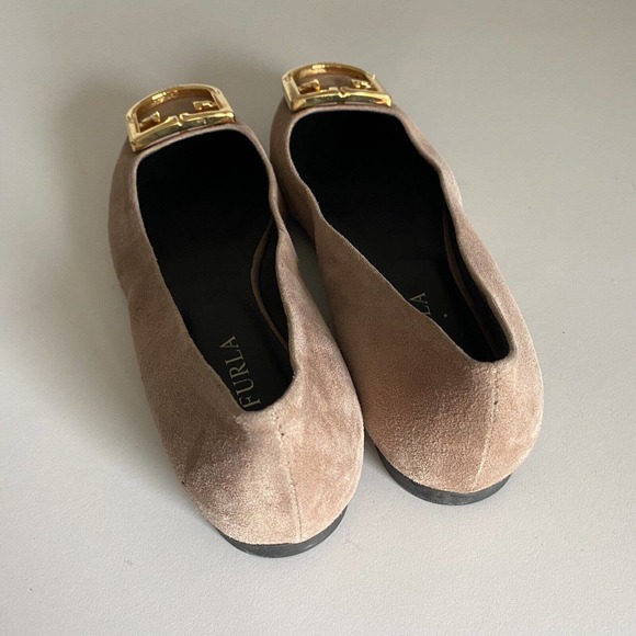 Furla Fantastica Ballet Flat Suede Gold Tone Logo Blush Pink Slip On 37 …